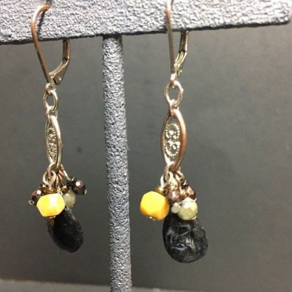 Dangle Pierced Earrings Black Green Grey Brown Silver Filagree Ellipse BoHo